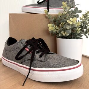 VANS ~ Gray and Black Sneakers Classic Skate Style w/Bold Red Etching size 8